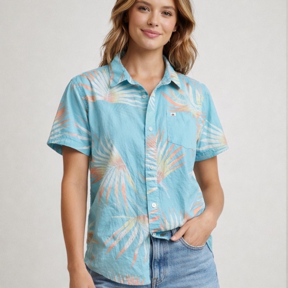 Quiksilver Hawaiian Shirt Boys 12 / Women’s XS Blue Palm Tree Tropical Beach